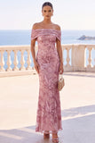 Golden Sequins Off the Shoulder Floral Embroidery Mermaid Maxi Dress