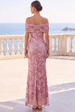 Golden Sequins Off the Shoulder Floral Embroidery Mermaid Maxi Dress