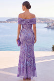 Golden Sequins Off the Shoulder Floral Embroidery Mermaid Maxi Dress