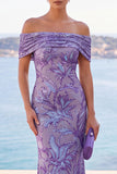Golden Sequins Off the Shoulder Floral Embroidery Mermaid Maxi Dress