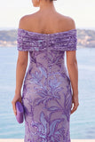 Golden Sequins Off the Shoulder Floral Embroidery Mermaid Maxi Dress