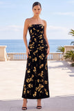 Black Golden Floral Printed A-Line Strapless Maxi Dress