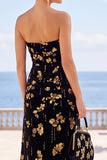 Black Golden Floral Printed A-Line Strapless Maxi Dress