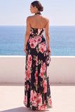 Black Halter Neck Floral Printed Pleated Chiffon Maxi Dress