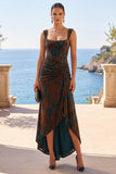 Dark Green Square Neck High‑Low Hem Jacquard Ruched Sheath Maxi Dress
