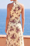 Apricot High Neck Floral Printed Sheath Maxi Dress