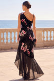Black Asymmetrical One‑Shoulder Florla Velvet Ruffled Hem Maxi Dress