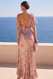 Sparkly Dusty Rose One Shoulder Ruched Sequins Maxi Dress with Ruffled Slit