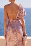 Sparkly Dusty Rose One Shoulder Ruched Sequins Maxi Dress with Ruffled Slit