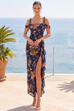Navy Cold Shoulder Floral Maxi Dress with Ruffled Side Slit