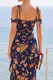 Navy Cold Shoulder Floral Maxi Dress with Ruffled Side Slit