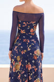 Navy Illusion Off the Shoulder Floral Embroidery Ruched Maxi Dress with Long Sleeves
