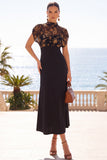 Black Illusion High Neck Floral Midi Dress with Short Sleeves