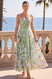 Green Corset Square Neck 3D Floral Appliques A-Line Midi Dress