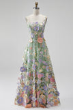 Green Corset Square Neck Floral A-Line Long Wedding Guest Dress