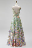 Green Corset Square Neck Floral A-Line Long Wedding Guest Dress