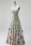 Green Corset Square Neck Floral A-Line Long Wedding Guest Dress