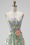 Green Corset Square Neck Floral A-Line Long Wedding Guest Dress