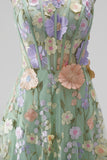 Green Corset Square Neck Floral A-Line Long Wedding Guest Dress