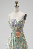 Green Corset Square Neck Floral A-Line Long Wedding Guest Dress