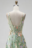 Green Corset Square Neck Floral A-Line Long Wedding Guest Dress