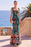 Dark Green Square Neck Floral Embroidery Mermaid Maxi Dress with 3D Appliques