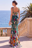 Dark Green Square Neck Floral Embroidery Mermaid Maxi Dress with 3D Appliques