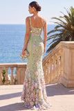 Dark Green Square Neck Floral Embroidery Mermaid Maxi Dress with 3D Appliques
