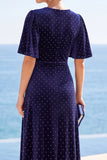 Polka Dots Navy V-Neck High‑Low Hem Midi Dress with Flutter Short Sleeves