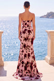 Pink Red Flower Corset Ruched Strapless Sheath Maxi Dress with Slit