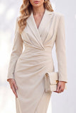 Blue Sheath Notched Lapel Ruched Midi Work Dress