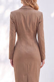 Blue Sheath Notched Lapel Ruched Midi Work Dress