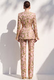 Brown Jacquard V-neck Flare Sleeves 2 Piece Single‑Breasted Women Suits with Pockets