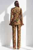 Brown Jacquard V-neck Flare Sleeves 2 Piece Single‑Breasted Women Suits with Pockets