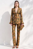 Brown Jacquard V-neck Flare Sleeves 2 Piece Single‑Breasted Women Suits with Pockets