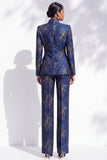 Dark Blue Floral Jacquard Fitted Mandarin Collar Women Suits with Pockets