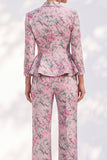 Pink Printed Peak Lapel 2 Piece Peplum 3/4 Sleeves Single Breasted Women Suits