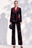 Black Red Flower Velvet Peak Lapel Long Women Suits