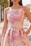 Pink Floral Jacquard Asymmetrical Ruched Bubble Hem Short Homecoming Dress