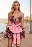 Black Pink Flower Jacquard Bubble Hem A-Line Homecoming Dress with Bow