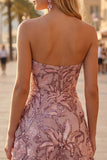 Blush Sequins A-Line Floral Strapless Short Homecoming Dress
