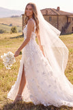White A-Line Scoop 3D Flower Maxi Corset Elopement Wedding Dress with Side Slit