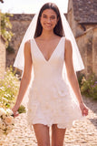 White Sheath V-Neck 3D Flower Short Elopement Wedding Dress