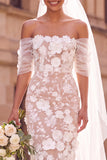 White Sheath Off the Shoulder Floral Midi Elopement Wedding Dress