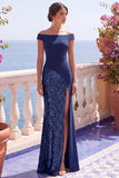 Champagne Sequins Mermaid Cap Sleeves Long Formal Dress with Slit