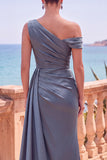 Navy Asymmetrical Ruched Mermaid Long Formal Dress with Side Streamer