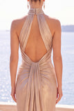 Champagne Halter Sheath Ruched Long Formal Dress with Train