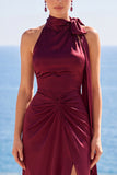 Burgundy High Neck Sheath Ruched Long Formal Dress with Bow