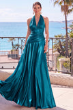 Champagne Metallic A-Line Satin Halter Ruched Backless Long Formal Dress