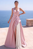 Pink A-Line Pearls Ruched Long Formal Dress with Slit
